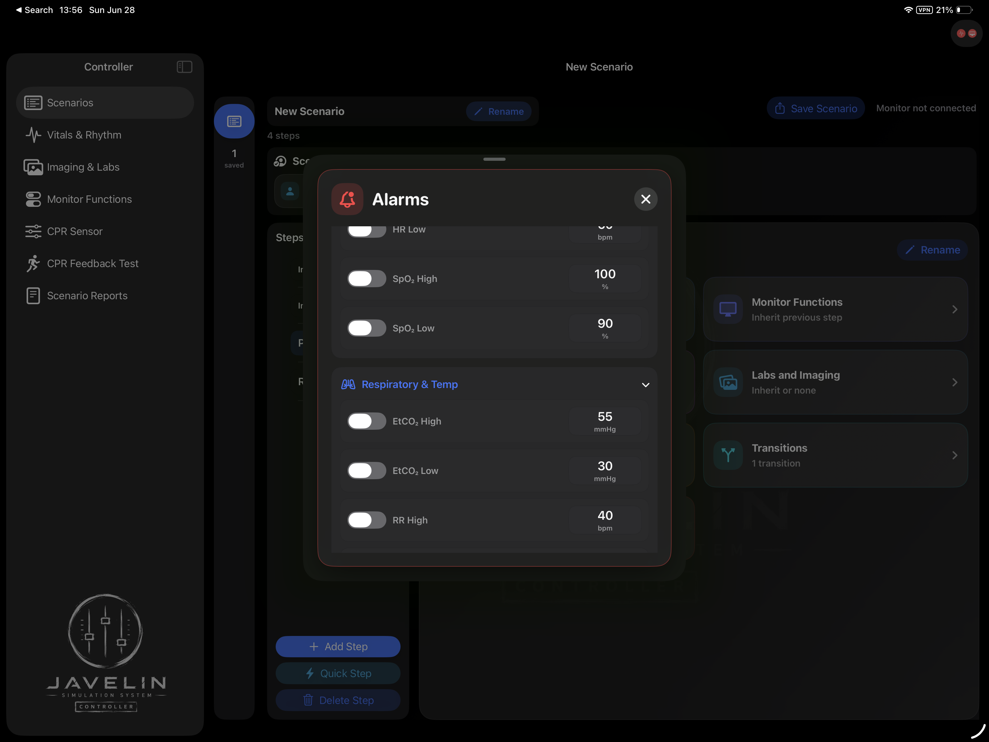 Alarm settings panel with respiratory and temperature limits