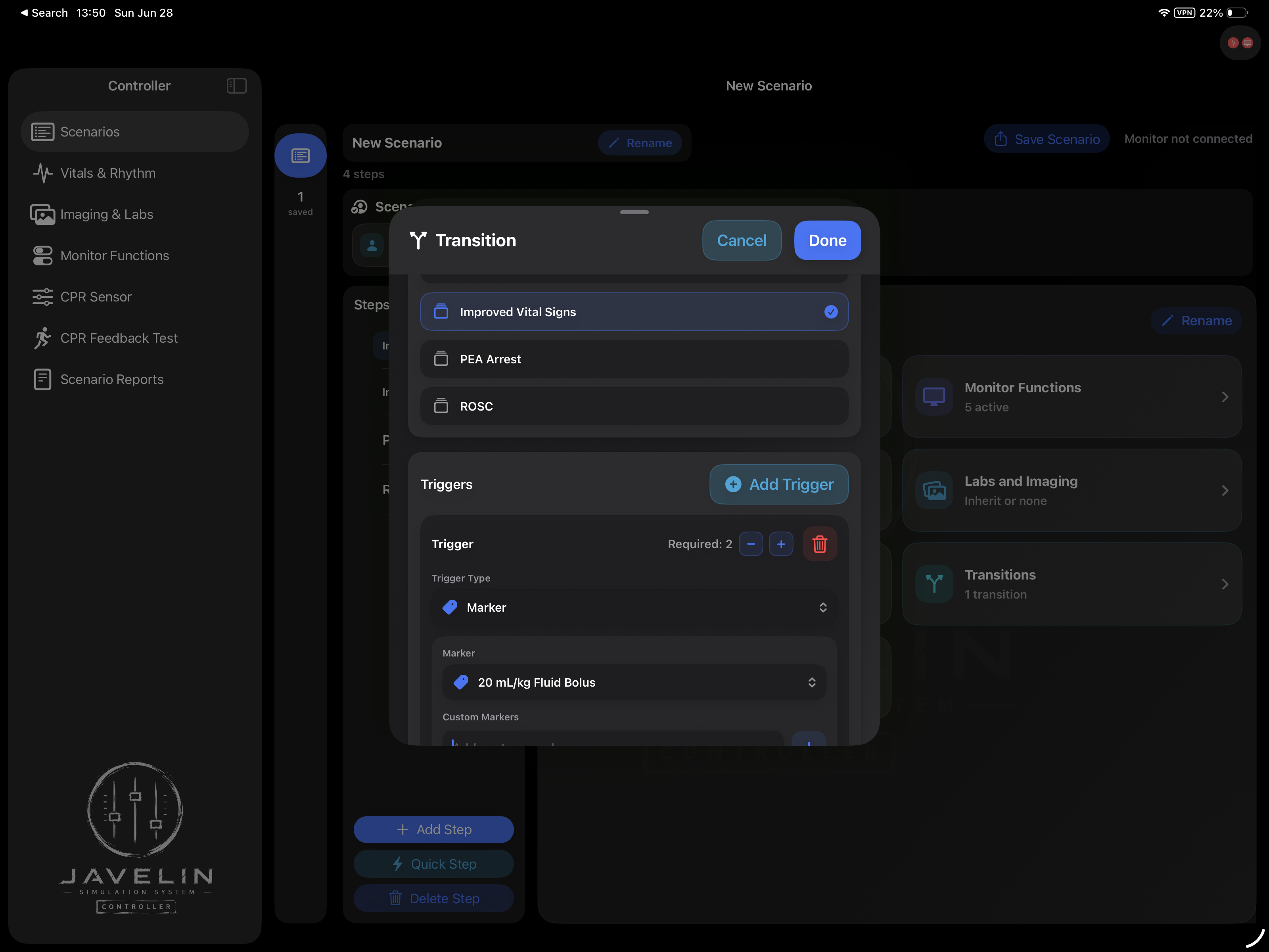 Transition editor with marker trigger controls