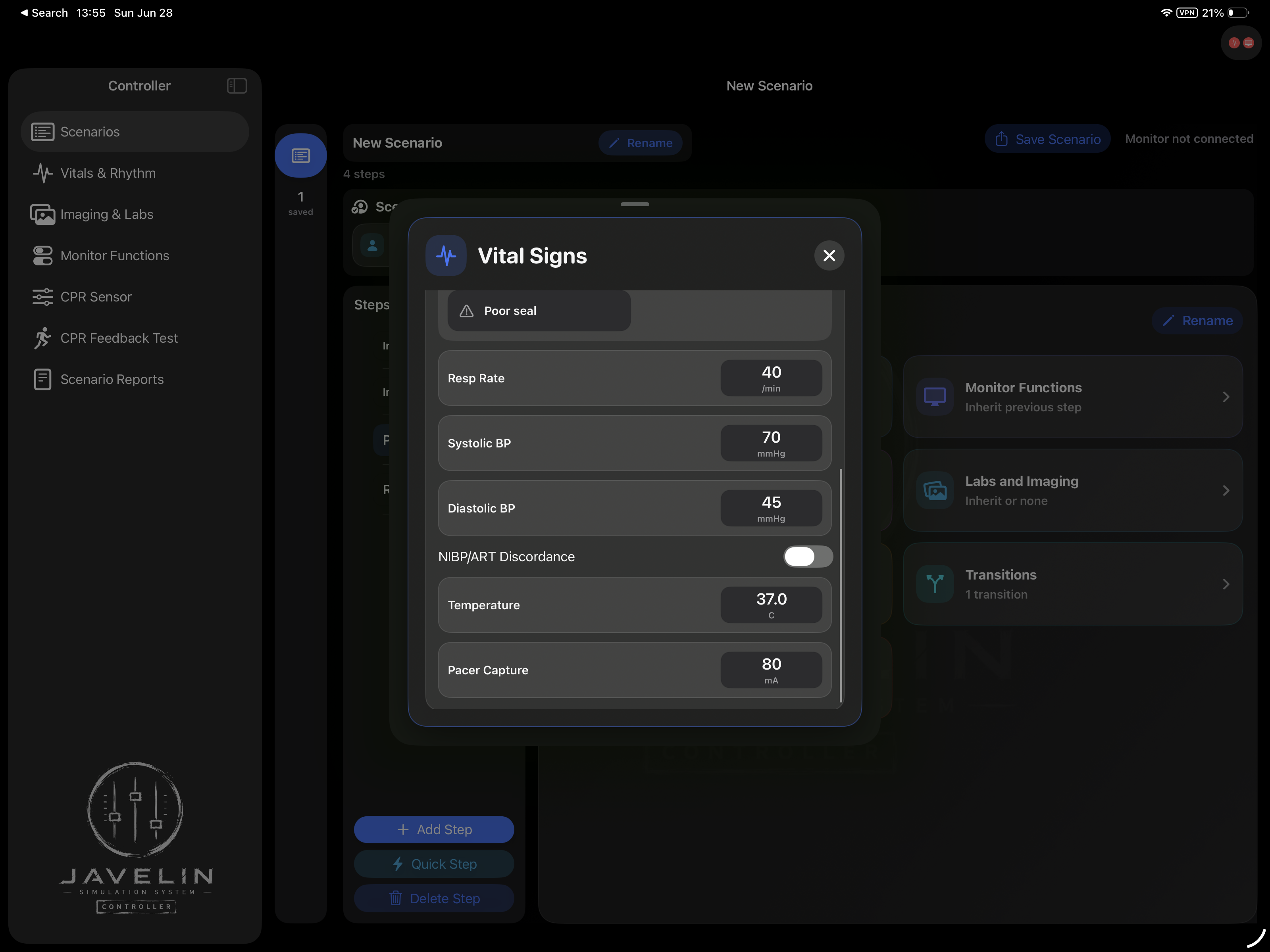 Vital signs panel with blood pressure, temperature, and pacer controls